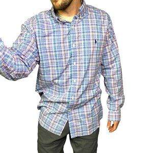 vintage Ralph Lauren blue label 80s button down shirt plaid pastel mens XL